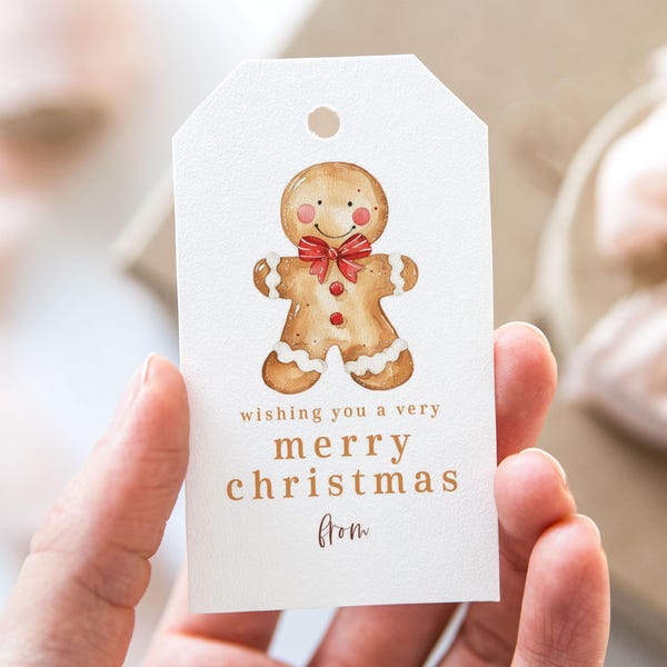 Wishing You A Very Merry Christmas Tag, Printable Merry Christmas Favor Tags, Gingerbread Man Cookie Sweet Treats Holiday Party Gift Tag