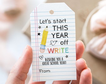 Let's Start This Year Off Write Tag, Printable First Day of School Favor Tags, Notepad Pencil Back to School Gift Tag