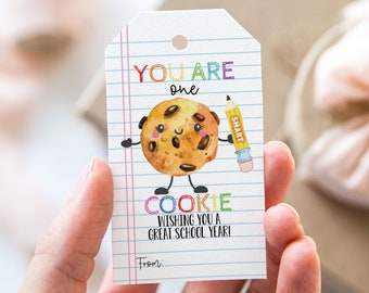 Étiquette à biscuits intelligente You are One, étiquettes de faveur imprimables pour la première journée d'école, étiquette-cadeau de rentrée scolaire des biscuits aux pépites de chocolat et crayon