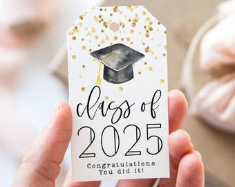 Graduation Class of 2025 Tag, Printable End Of School Year Favor Tags, Graduate Hat Congratulations Gold Confetti Grad Party Gift Tag