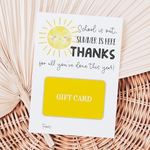 L'école c'est la fin de l'été, l'été est arrivé, porte-cartes de remerciements, étiquettes de faveur de fin d'année scolaire imprimables, étiquette-cadeau de remerciements pour les enseignants du soleil