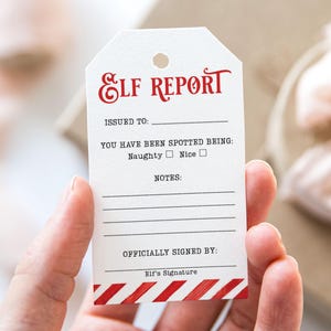 Tarjeta de calificaciones de elfo, carta de elfo, correo de elfo del Polo Norte, etiquetas de regalo imprimibles de Feliz Navidad, etiqueta de regalo de tradición de elfo simple