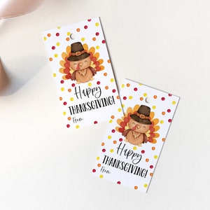 Puede incluir: Dos etiquetas de regalo blancas con un patr&oacute;n de confeti colorido. Cada etiqueta presenta un pavo de dibujos animados con un sombrero de peregrino y el texto "&iexcl;Feliz D&iacute;a de Acci&oacute;n de Gracias!" con una l&iacute;nea para "De:".