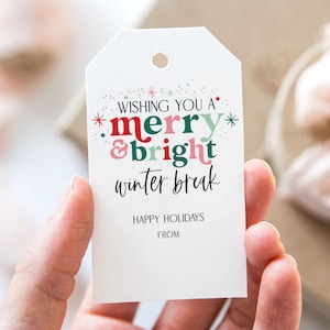 Wishing You A Merry & Bright Winter Break Tag, Printable Merry Christmas Favor Tags, Colorful Modern Christmas Holiday Party Gift Tag