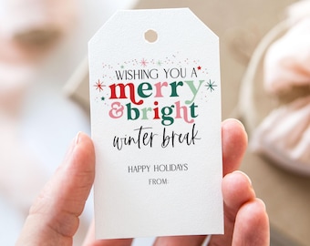 May include: White gift tag with red, green, and pink text that reads "Wishing you a merry & bright winter break". The tag also includes the text "Happy Holidays" and "From:"