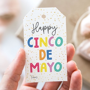 Etiqueta Feliz Cinco de Mayo, Etiquetas de Favor Imprimibles del Cinco de Mayo 5 de Mayo, Etiqueta de Regalo de Fiesta Temática Mexicana Arco Iris de Confeti Dorado