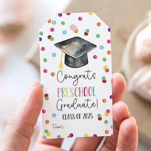 Étiquette de remise des diplômes préscolaire promotion 2025, étiquettes de faveur de fin d'année scolaire imprimables, étiquette-cadeau de fête des diplômés d'âge préscolaire félicitations