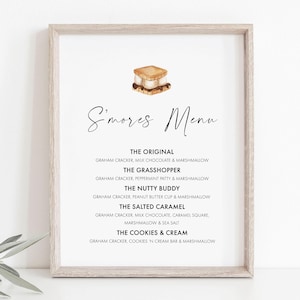S'mores Menü Schild, DIY Smores Bar Schild, S'mores Station Party Lagerfeuer Schild, Camping Leckerli Tischschild, druckbares S'more Schild