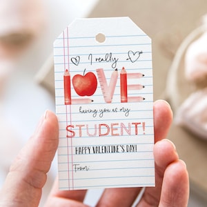 May include: A red and white Valentine's Day gift tag with the words "I really LOVE having you as my STUDENT! HAPPY VALENTINE'S DAY!" and a red apple, pencils, and a ruler forming the word "LOVE".