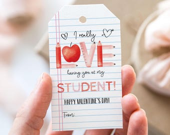 May include: A red and white Valentine's Day gift tag with the words "I really LOVE having you as my STUDENT! HAPPY VALENTINE'S DAY!" and a red apple, pencils, and a ruler forming the word "LOVE".