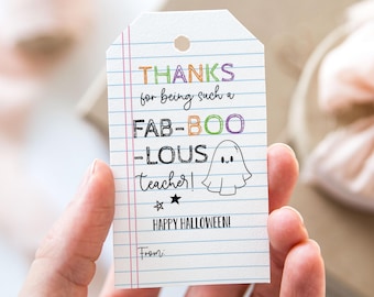 Thanks For Being A Fab-BOO-lous Teacher Tag, Printable Happy Halloween Favor Tags, Notepad Ghost Halloween Teacher Appreciation Gift Tag