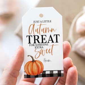 May include: White gift tag with black and orange text that reads "Just a little Autumn Treat for someone extra sweet. From:". A watercolor illustration of an orange pumpkin is in the bottom left corner. The tag has a black and white checkered pattern at the bottom.