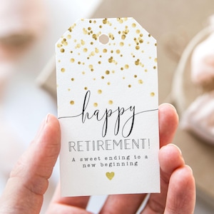 Etichetta "Un dolce finale per un nuovo inizio", etichette stampabili per bomboniere di felice pensionamento, etichetta regalo per festa in ufficio per pensionati con coriandoli dorati