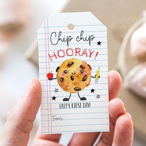 Étiquette à biscuits aux pépites de chocolat, joyeux premier jour, puces, premiers jours d'école, étiquettes de cadeau imprimables, bloc-notes crayon retour à l'école