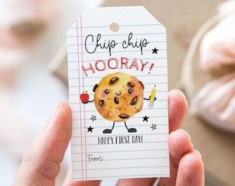 Chip Chip Hooray Happy First Day Chocolate Chip Cookie Tag, Printable First Day of School Favor Tags, Notepad Pencil Back to School Gift Tag
