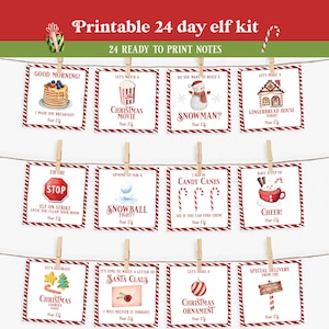 Può includere: Un kit elfo stampabile di 24 giorni con 24 note pronte per la stampa. Le carte quadrate hanno un bordo rosso e bianco e presentano illustrazioni festive e testo come "Good Morning!" e "Christmas Movie". Le carte sono appese con mollette.