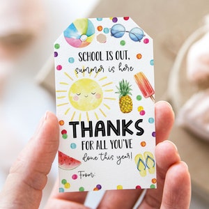 Die Schule ist aus Der Sommer ist hier Danke für alles, was Sie getan haben Anhänger, druckbares Ende des Schuljahrs Gunstanhänger, Geschenkanhänger für die Wertschätzung des Sonnenlehrers