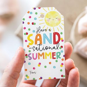 Haben Sie einen sandigen Sommer-Anhänger, druckbare Schuljahresende-Favor-Tags, Sun-Sand-Strand-Party Haben Sie einen tollen Sommerurlaub-Geschenkanhänger