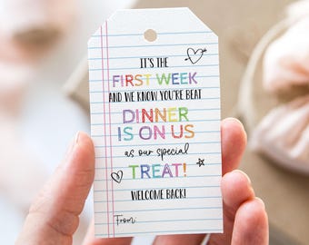 Dinner Is On Us as Our Special Treat Tag, Printable First Week of School Favor Tags, Notepad Back to School Teacher Appreciation Gift Tag