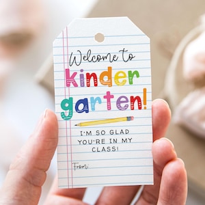 Welcome To Kindergarten I&#39;m So Glad You&#39;re In My Class Tag, Printable First Day of School Favor Tags, Notepad Pencil Back to School Gift Tag