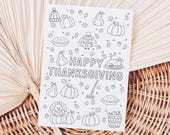 Thanksgiving Coloring Page, Kids Thanksgiving Party Activity, Printable Fall Game Cards, Thanksgiving Coloring Placemat Card
