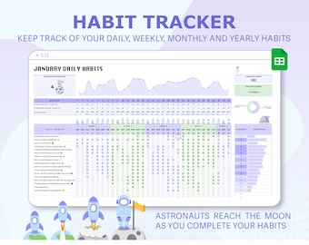 May include: A digital habit tracker with a purple and blue color scheme. The tracker features a calendar with daily, weekly, and monthly views. The tracker also includes a progress bar and a graphic of an astronaut reaching the moon. The text "HABIT TRACKER" is at the top of the image. The text "KEEP TRACK OF YOUR DAILY, WEEKLY, MONTHLY AND YEARLY HABITS" is below the title. The text "JANUARY DAILY HABITS" is in a box at the top of the calendar. The text "ASTRONAUTS REACH THE MOON AS YOU COMPLETE YOUR HABITS" is below the calendar. The text "TRACK UP TO 20 TASKS PER DAY" is at the bottom of the image.