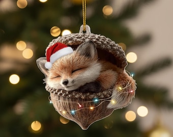 Adorno navideño acrílico de zorro, lindo adorno para árbol de Navidad con forma de animal, adorno colgante para árbol de Navidad de zorro del bosque, decoración navideña, regalo de Navidad