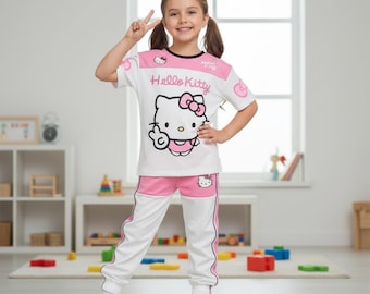 Camiseta y pantalones de Hello Kitty, camiseta kawaii de Kitty para ella, camiseta rosa de gato para mujer, regalo de cumpleaños