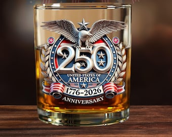USA 250th Anniversary Whiskey Glass, Patriotic Whiskey Glass, Bar Glass Gift for America 250 Years Celebrations