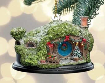 Adorno navideño de la Casa Hobbit, árbol de Navidad de fantasía para colgar, decoración mágica, decoración navideña caprichosa, regalo navideño único.