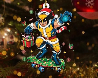 Adorno navideño acrílico personalizado de patineta de Wolverine, adorno navideño de superhéroe, regalo navideño divertido de patinador, adorno de cómic