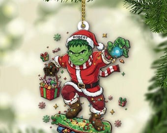 Adorno navideño acrílico personalizado de Hulk en patineta, divertido adorno navideño de superhéroe, regalo de Navidad genial para patinadores, adorno de cómic