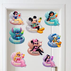 May include: A collection of colorful Disney character stickers, each depicted relaxing in a seashell with a tropical drink. Characters include Mickey, Minnie, Stitch, and others, with names like Alice and Anna. The stickers are designed for door decoration.
