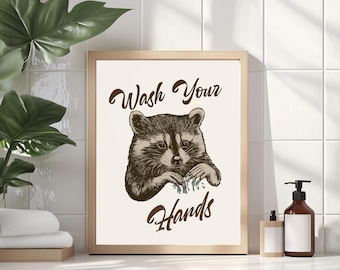 Retro Waschbär Poster, Badezimmer Wanddekor, digitaler Download, Waschbär Kunstdruck, Waschbär Wohnkultur