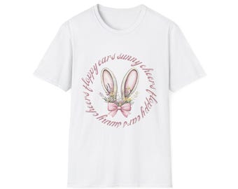 May include: White t-shirt with a pink bunny ear graphic and the text "Cheers floppy ears sunny cheery floppy ears sunny".