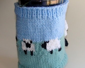 French Press Cozy Cafetiere Cosy Hand Knitted with Field of Sheep for 8 cup french press