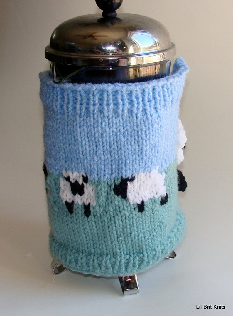 French Press Cozy Cafetiere Cosy Hand Knitted with Field of Sheep for 8 cup french press 画像 1