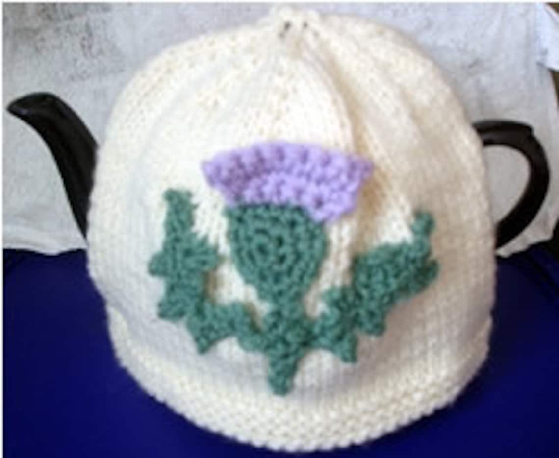 Knitted Tea Cosy With Scottish Thistle Design, Handmade Tea Cozy Scottish, Hand Knitted Teapot