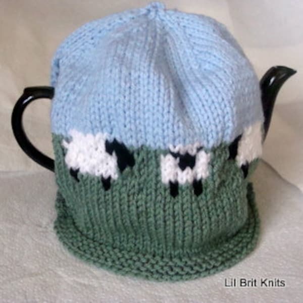 Knitted Teapot Cozy Sheep on the field countryscene tea cosy.