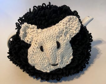 Black Sheep tea cozy hand knitted