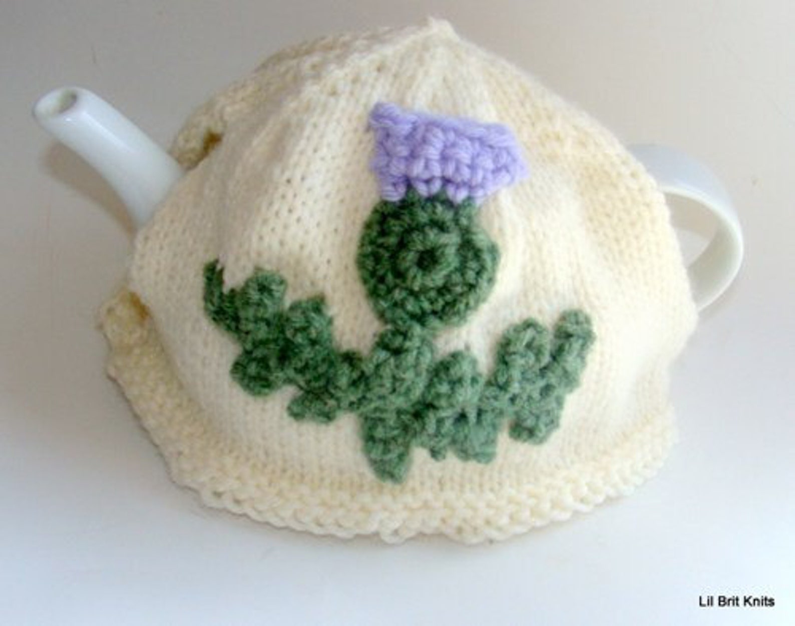 Knitted Tea Cosy With Scottish Thistle Design, Handmade Tea Cozy