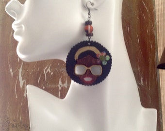 Afro Silhouette Wooden Earrings - Black