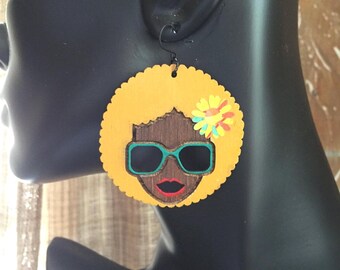 Afrocentric,Bohemian,BoHo Silhouette Wooden Earrings - Blonde