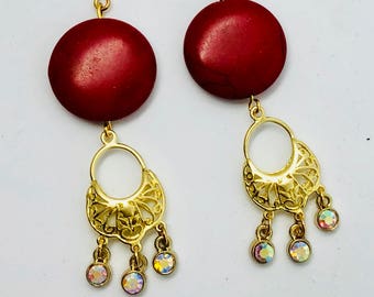 Giftables,Gifts for Her,Gifts,Jewelry,Earrings , Crimson , Red ,Gold Dangling ,Jewel