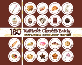 Bakery Instagram Highlight Covers, Watercolor Desserts IG Highlight icons, Brown Instagram Highlight Covers, Chocolate Pastry IG Covers