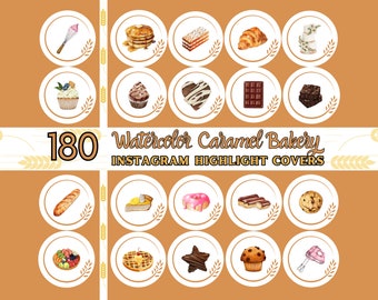 Couvertures de surbrillance Instagram pour boulangerie, icônes de surbrillance IG pour desserts aquarelles, couvertures de couvertures Instagram orange, couvertures IG pour pâtisserie caramel