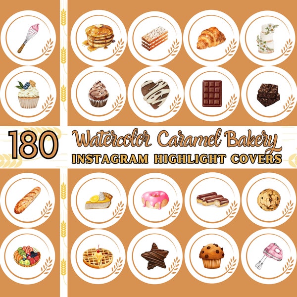 Bakery Instagram Highlight Covers, Watercolor Desserts IG Highlight Icons, Orange Instagram Highlight Covers, Caramel Pastry IG Covers