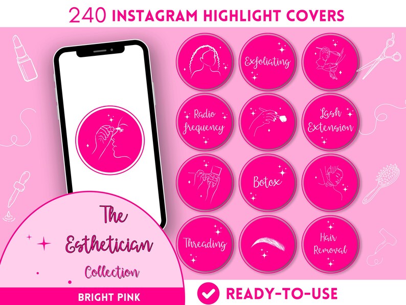 200 + Bright Pink Spa Highlights for Instagram Stories, Hand Drawn IG ...