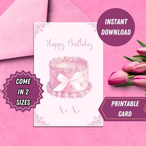 Coquette Birthday Card Printable Pink Greeting Card Girlfriend Gift Instant Download Last Minute Cute Card Girly Bow Cake Digital Card