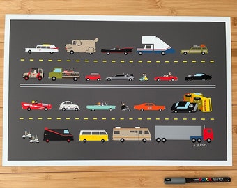 Heavy Traffic on the Hollywood FWY - ART PRINT - famous movie cars